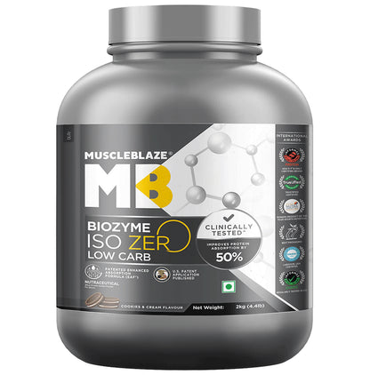 MuscleBlaze Biozyme Iso Zero Low Carb | Improves Protein Absorption by 50% | Flavour Powder Cookie and Cream - Classic Derma