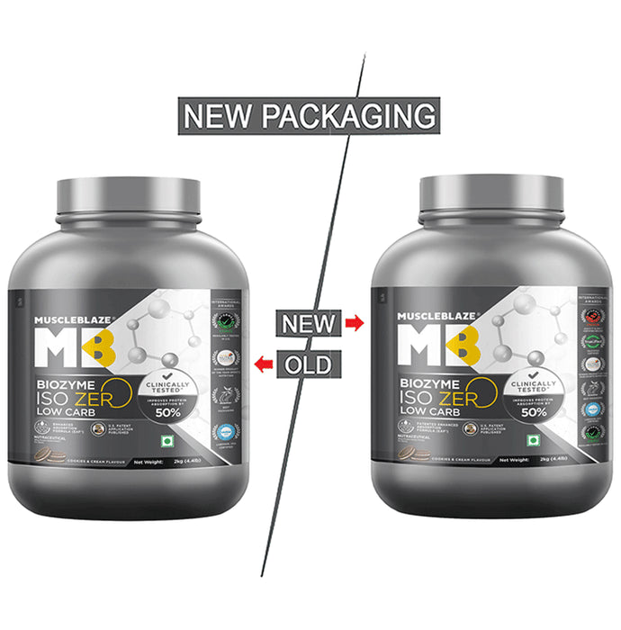 MuscleBlaze Biozyme Iso Zero Low Carb | Improves Protein Absorption by 50% | Flavour Powder Cookie and Cream