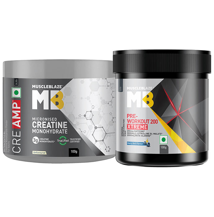 Muscleblaze Combo Pack of Creatine Monohydrate & Pre-Workout 200 Xtreme (100gm Each) Unflavored & Berry Bolt - Classic Derma