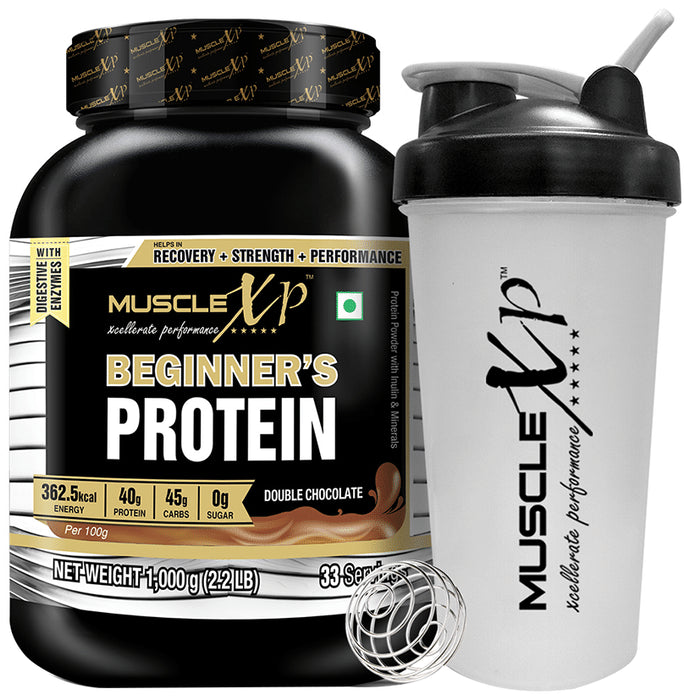 MuscleXP Beginner's Whey Protein with Digestive Enzymes Double Chocolate with Shaker - Classic Derma