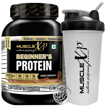 MuscleXP Beginner's Whey Protein with Digestive Enzymes Double Chocolate with Shaker - Classic Derma