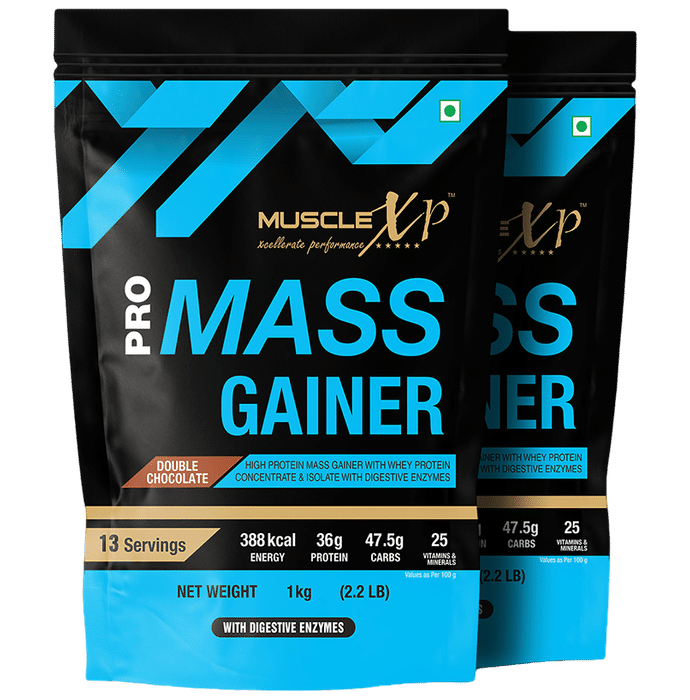MuscleXP Pro Mass Gainer with Whey Protein Concentrate & Isolate (1000gm Each) Double Chocolate - Classic Derma