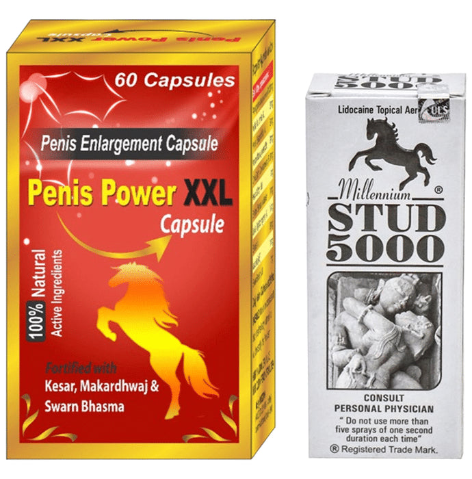 Cackle's Combo Pack of Penis Power XXL 60 Capsule & Stud 5000 Spray 20gm - Classic Derma