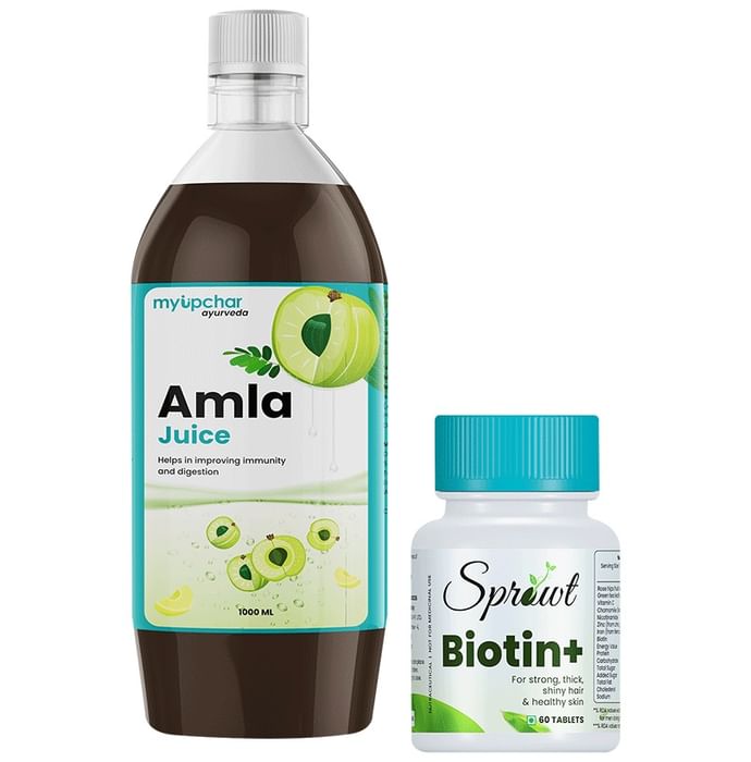 Myupchar Ayurveda Anti Hairfall Kit of Biotin + Tablet (60) & Amla Juice (1000ml) - Classic Derma