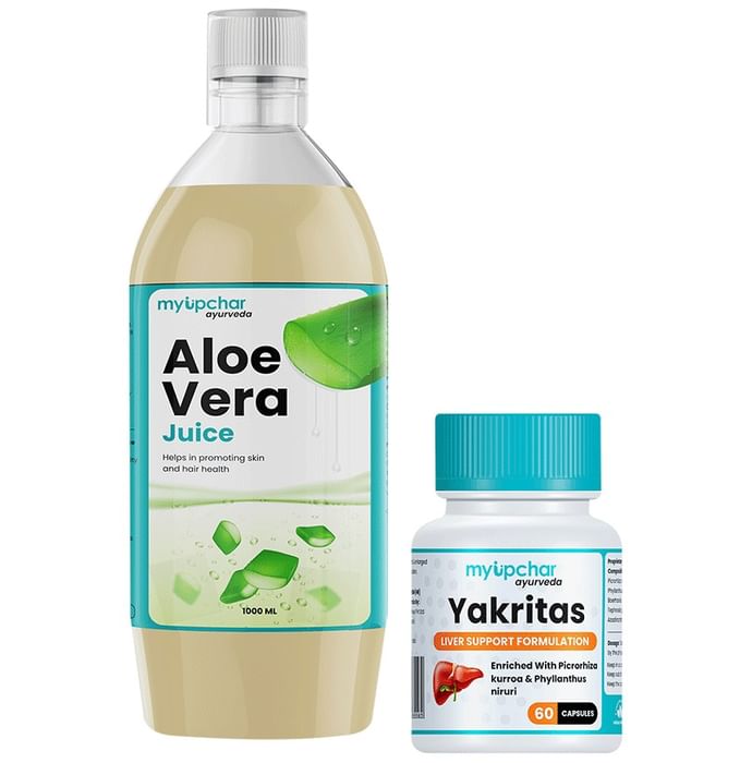 Myupchar Ayurveda Detoxification Kit of Yakritas Extra Based Vegan Capsule (60) & Aloe Vera Juice (1000ml) - Classic Derma