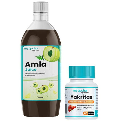Myupchar Ayurveda Liver Detoxification Kit of Yakritas Extra Based Vegan Capsule (60) & Amla Juice (1000ml) - Classic Derma