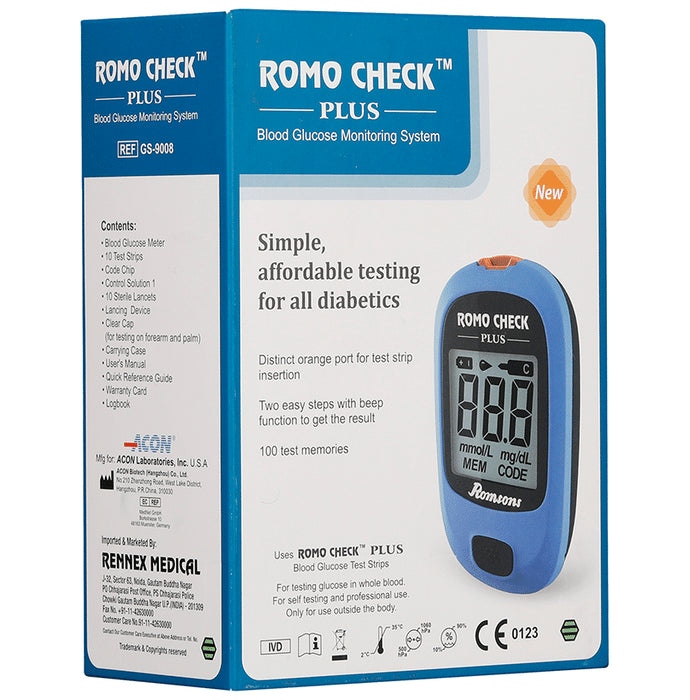 Romsons New Romo Check Plus Blood Glucose Monitoring System - Classic Derma