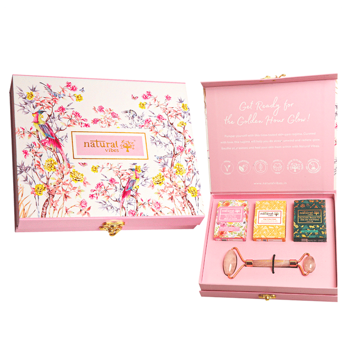 Natural Vibes Glow Getter Gift Set with Rose Quartz Face Roller, Vitamin C Serum, Nirvana Flower Oil and Gold Beauty Elixir Oil - Classic Derma