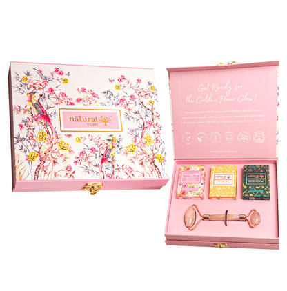 Natural Vibes Glow Getter Gift Set with Rose Quartz Face Roller, Vitamin C Serum, Nirvana Flower Oil and Gold Beauty Elixir Oil - Classic Derma