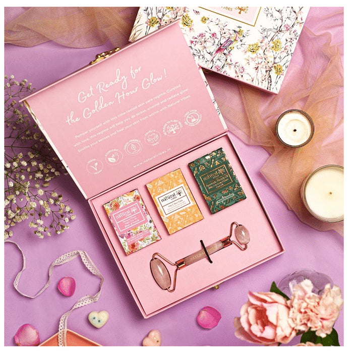 Natural Vibes Glow Getter Gift Set with Rose Quartz Face Roller, Vitamin C Serum, Nirvana Flower Oil and Gold Beauty Elixir Oil