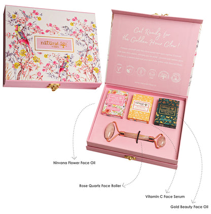 Natural Vibes Glow Getter Gift Set with Rose Quartz Face Roller, Vitamin C Serum, Nirvana Flower Oil and Gold Beauty Elixir Oil