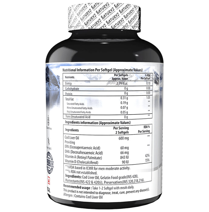 Naturyz Icelandic Pure Cod Liver Oil with Omega 3, Vitamins A & D Soft Gelatin Capsule