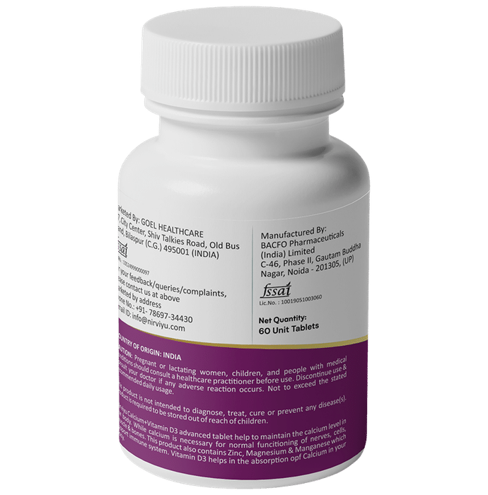 Nirviyu Advance Calcium With Vitamin D3, Zinc & Magnesium Tablet (60 Each)