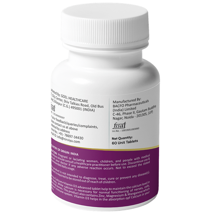 Nirviyu Advance Calcium With Vitamin D3, Zinc & Magnesium Tablet (60 Each)