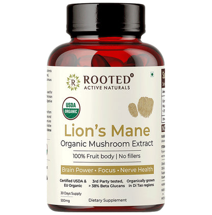 Rooted Active Naturals Lions Mane Organic Mushroom Extract Capsule - Classic Derma