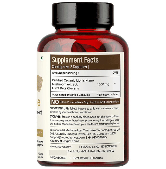 Rooted Active Naturals Lions Mane Organic Mushroom Extract Capsule