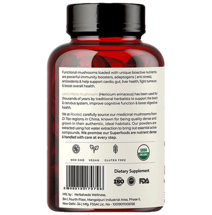 Rooted Active Naturals Lions Mane Organic Mushroom Extract Capsule