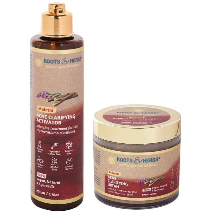 Roots and Herbs Combo Pack of Mulethi Acne Clarifying Activator (200ml) & Mulethi Acne Clarifying Ubtan (60gm) - Classic Derma