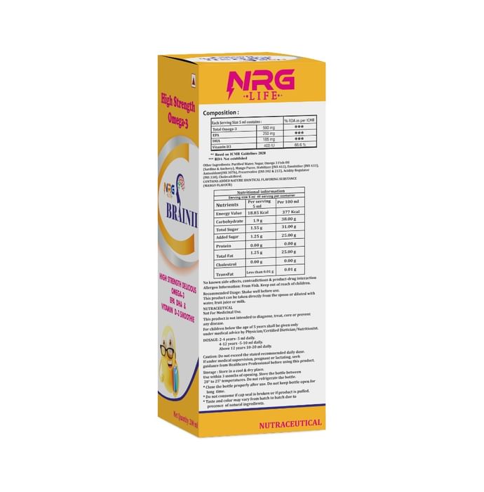 NRG Life Brainii High Strength Omega 3 Syrup (200ml Each) Mango