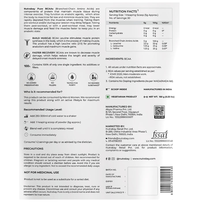 Nutrabay 2:1:1 BCAA Amino Acid Powder Unflavored