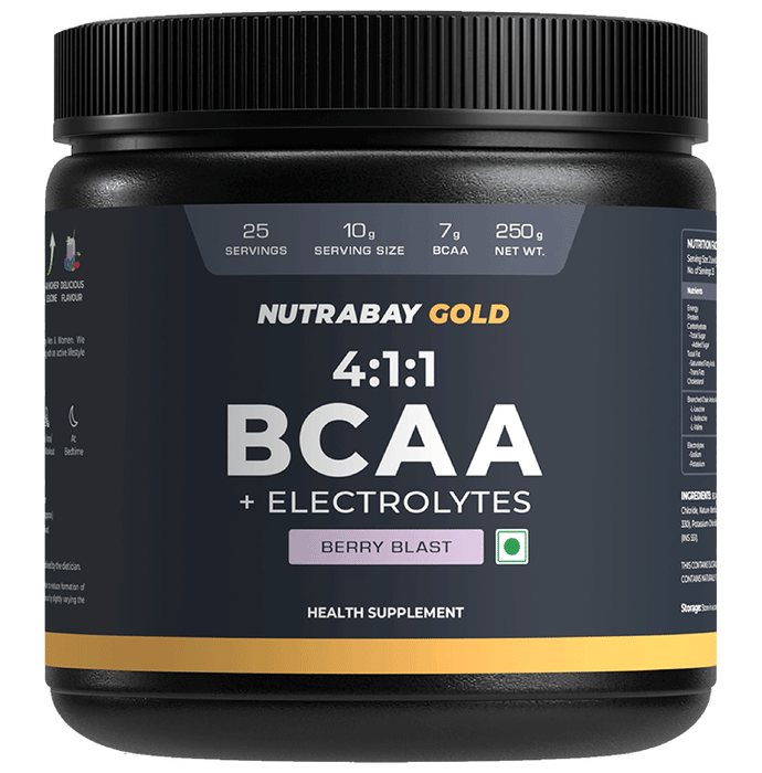 Nutrabay Gold BCAA 4:1:1 + Electrolytes Powder Berry Blast - Classic Derma