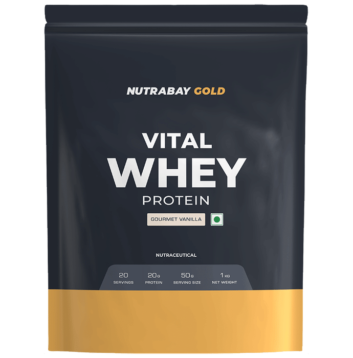 Nutrabay Gold Vital Whey Protein for Muscle Recovery | No Added Sugar | Flavour Powder Gourmet Vanilla - Classic Derma