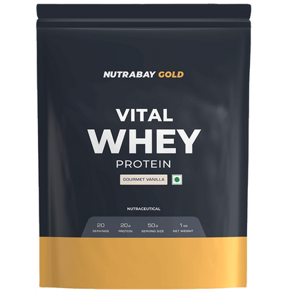 Nutrabay Gold Vital Whey Protein for Muscle Recovery | No Added Sugar | Flavour Powder Gourmet Vanilla - Classic Derma