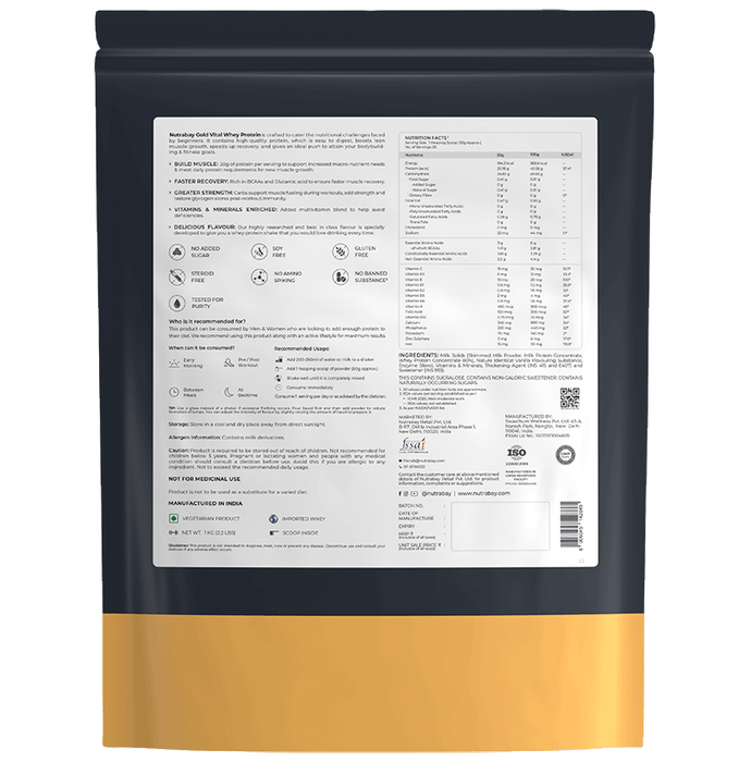 Nutrabay Gold Vital Whey Protein for Muscle Recovery | No Added Sugar | Flavour Powder Gourmet Vanilla