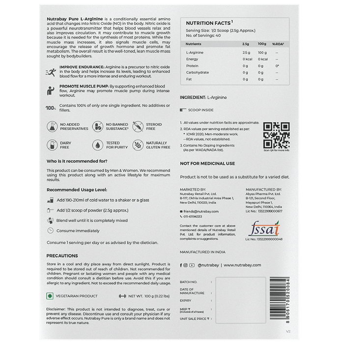 Nutrabay Pure L-Arginine Amino Acid Powder Unflavoured