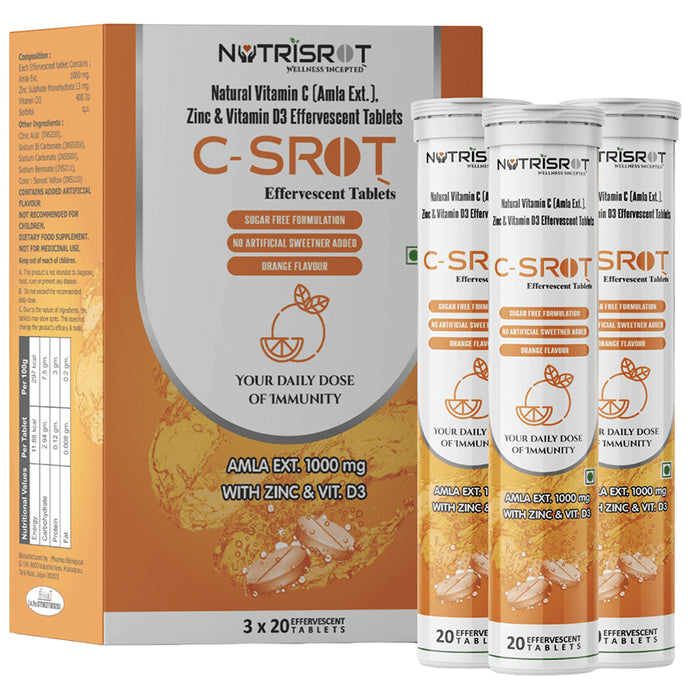 Nutrisrot C-SROT Vitamin C (Amla Ext. 1000mg), D3 & Zinc Effervescent Tablet - Classic Derma