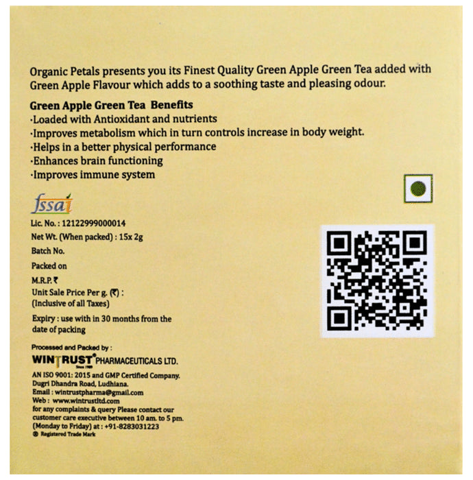 Organic Petals Naturally Sourced Green Tea Bag 2gm (15 Each) Green Apple