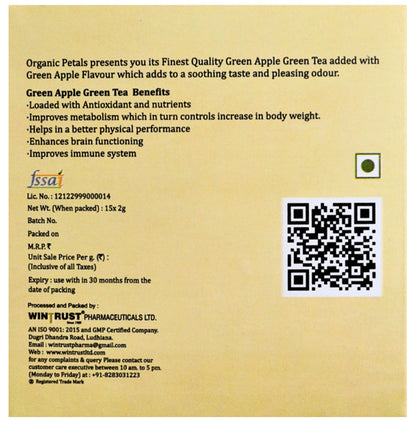 Organic Petals Naturally Sourced Green Tea Bag 2gm (15 Each) Green Apple