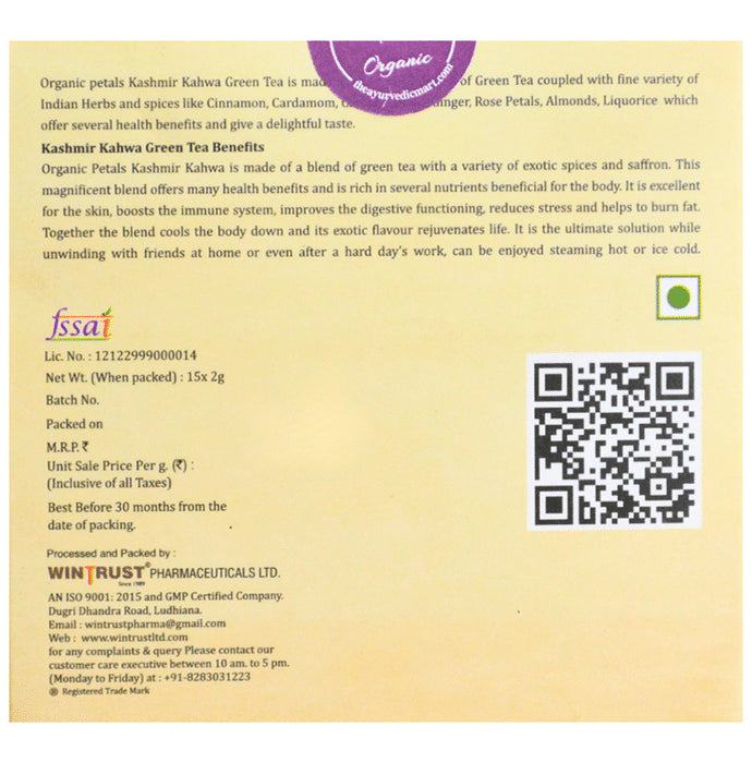 Organic Petals Naturally Sourced Green Tea Bag 2gm (15 Each) Kashmir Kahwa
