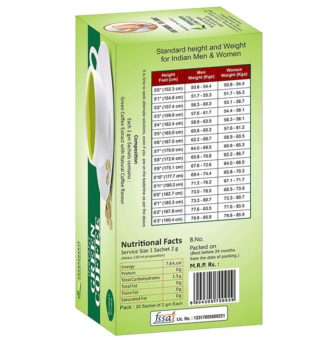 Pranacharya Green Shield Instant Green Coffee Extract Sachets (20 Each) Sugar Free