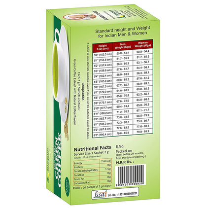 Pranacharya Green Shield Instant Green Coffee Extract Sachets (20 Each) Sugar Free
