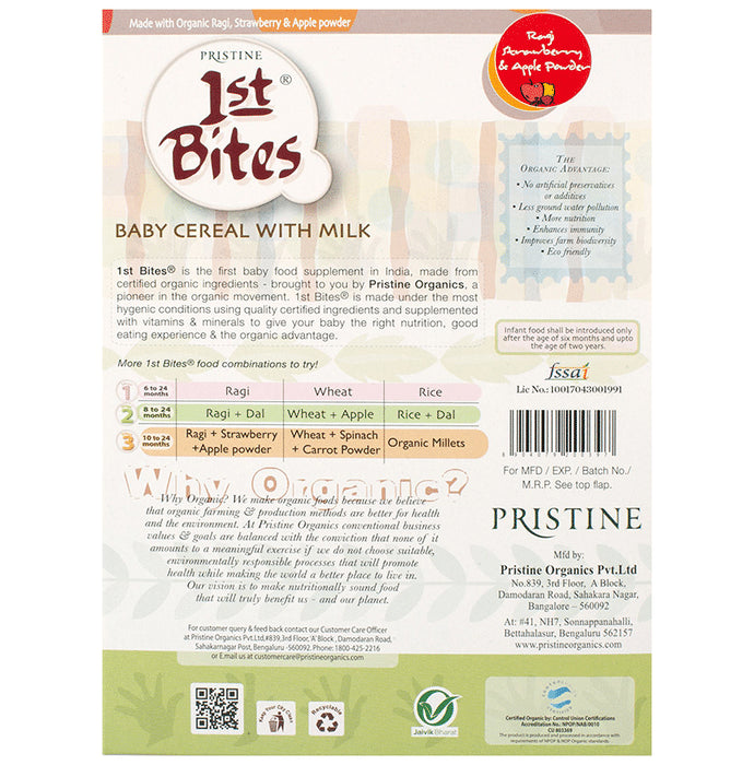 Pristine 1st Bites (10 Months - 24 Months) Stage-3 Baby Cereals with Milk | Ragi Strawberry and Apple Powder
