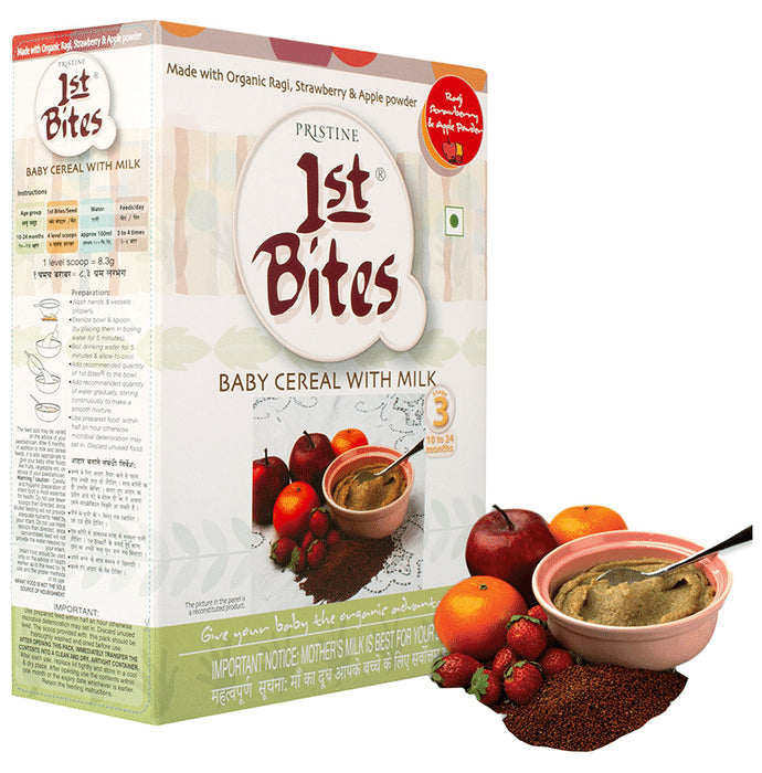 Pristine 1st Bites (10 Months - 24 Months) Stage-3 Baby Cereals with Milk | Ragi Strawberry and Apple Powder