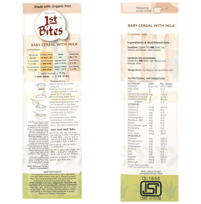 Pristine 1st Bites (6 Months - 24 Months) Stage-1 Baby Cereal with Milk | Rice