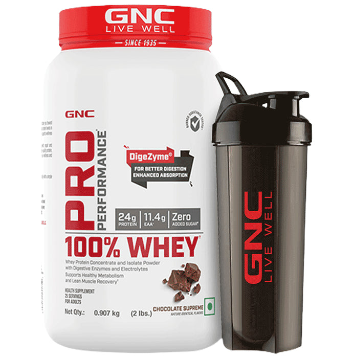 GNC Live Well Pro Performance 100% Whey Powder Chocolate Supreme with Black Plastic Shaker - Classic Derma