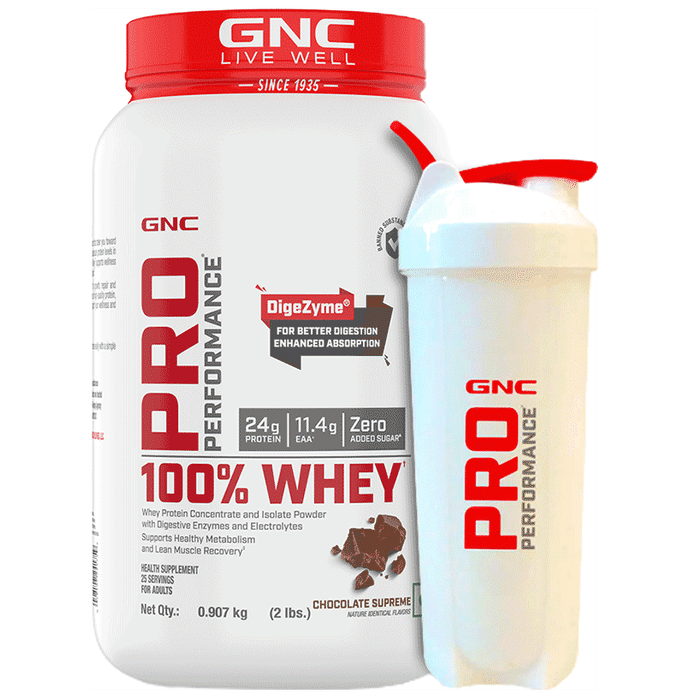 GNC Live Well Pro Performance 100% Whey Powder with White Plastic Shaker Chocolate Supreme - Classic Derma