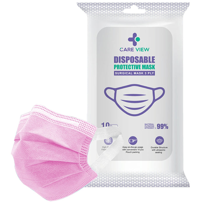 Care View 3 Ply Surgical Disposable Protective Mask with Soft Fabric Earloop (10 Each) Pink - Classic Derma