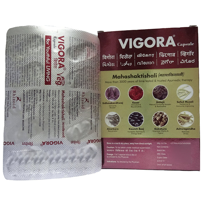Vigora Capsule (10 Each) with Ashwagandha, Safed Musli, Gokshura & Shilajit - Classic Derma