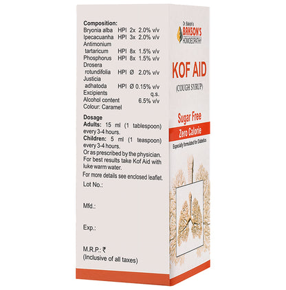 Bakson's Homeopathy Kof Aid Cough Syrup Sugar Free