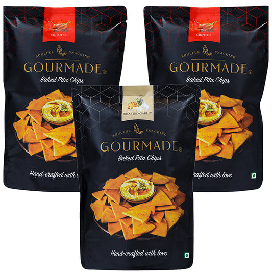 ?Gourmade Soulful Snacking Combo Pack of Pita Chips Chipotle-2 & Roasted Garlic-1 (125gm Each) - Classic Derma