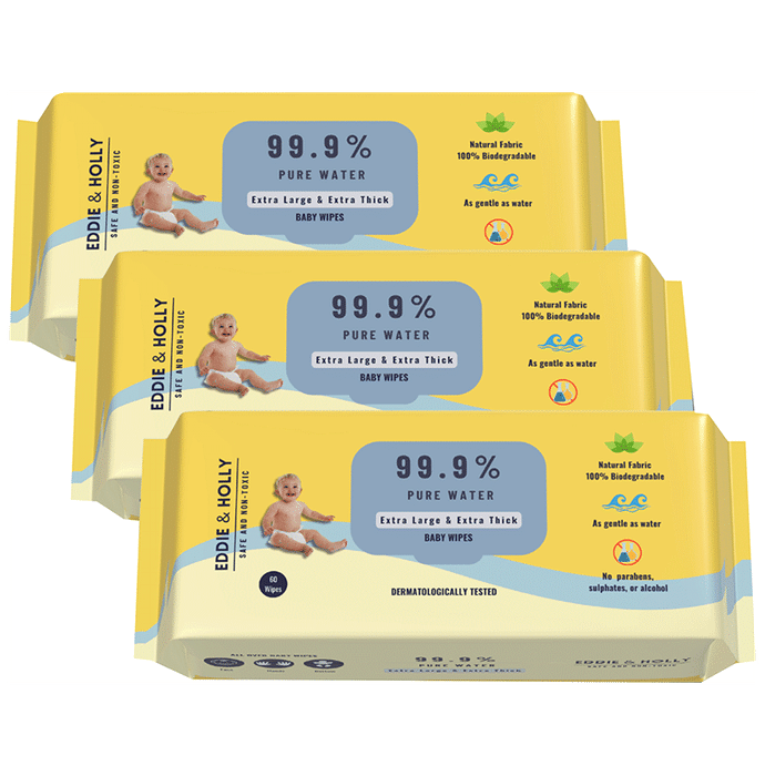 Eddie & Holly Extra Large & Extra Thick 999% Pure Water Baby Wipes (60 Each) - Classic Derma