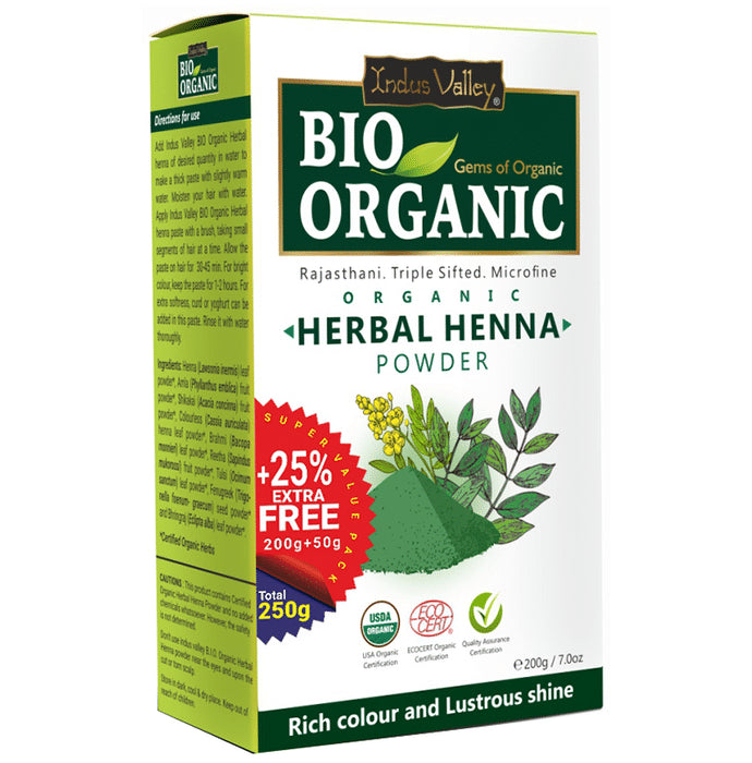 Indus Valley Bio Organic Herbal Henna Powder +25% Extra Free - Classic Derma
