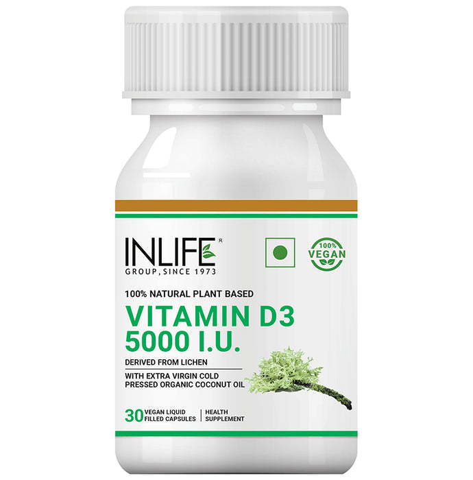 Inlife 100% Natural Plant Based Vitamin D3 5000IU | Vegan Liquid Filled Capsule for Bone & Knee Health - Classic Derma