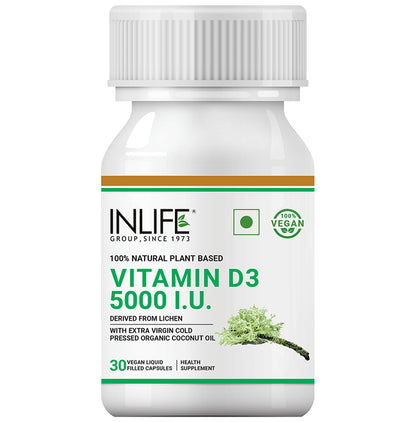 Inlife 100% Natural Plant Based Vitamin D3 5000IU | Vegan Liquid Filled Capsule for Bone & Knee Health - Classic Derma