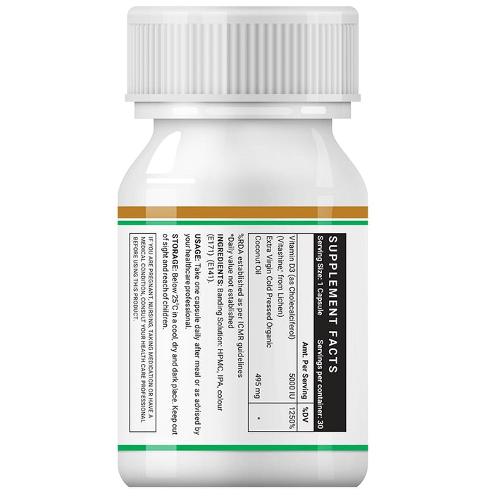 Inlife 100% Natural Plant Based Vitamin D3 5000IU | Vegan Liquid Filled Capsule for Bone & Knee Health