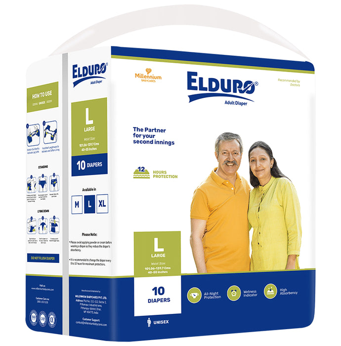 Elduro Unisex Adult Diaper, Wetness Indicator, All Night Protection, High Absorbency (10 Each) Large - Classic Derma